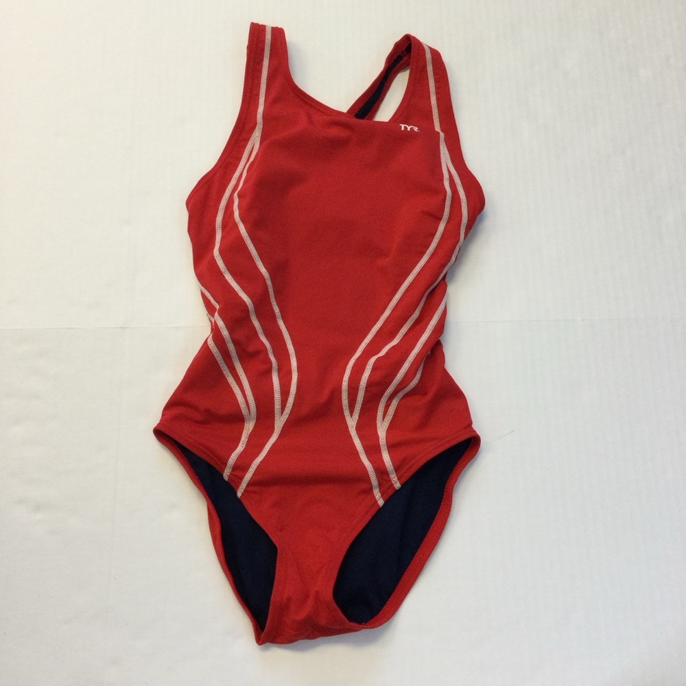 TYR Competition Lifeguard 1 Piece Swimsuit Red & White Size 32 Xtra Life Lycra